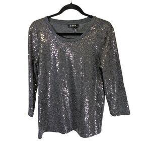 DKNY Sequin 3/4 Sleeves Shirt Top Blouse Size Small